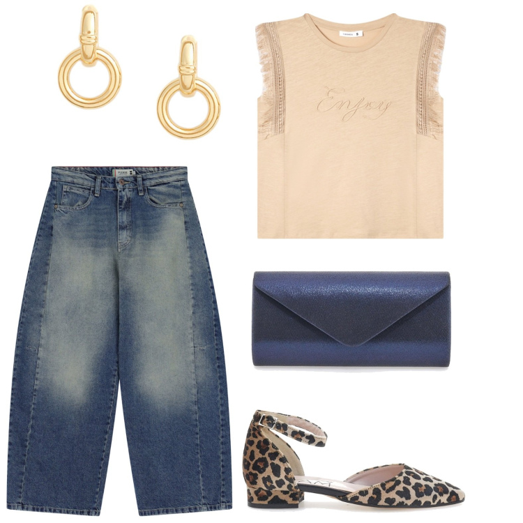 Outfit donna - Spirito libero. Stile Minimal per Tutti i giorni. Abbinamento con t-shirt, jeans, orecchini, ballerine, borse a tracolla.