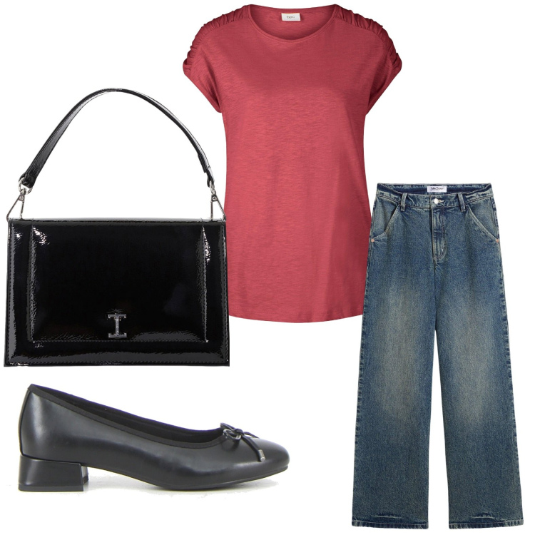 Outfit donna - Jeans e maglietta. Stile Glamour per Tutti i giorni. Abbinamento con jeans, t-shirt, borse a tracolla, ballerine.