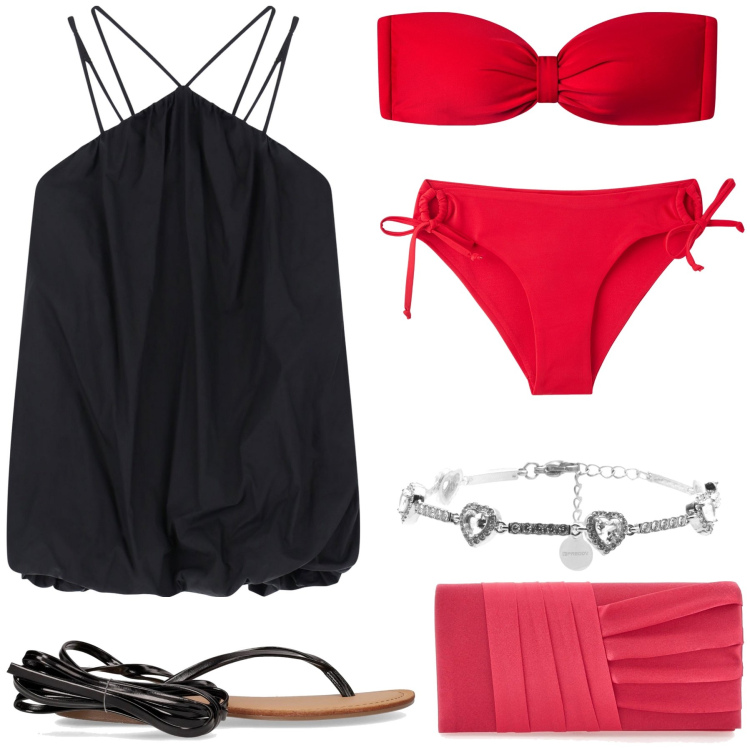 Outfit donna - Bellissimo bikini luccicante. Stile Glamour per Mare. Abbinamento con bikini, bikini, vestiti corti, braccialetti, pochette, sandali alla schiava.
