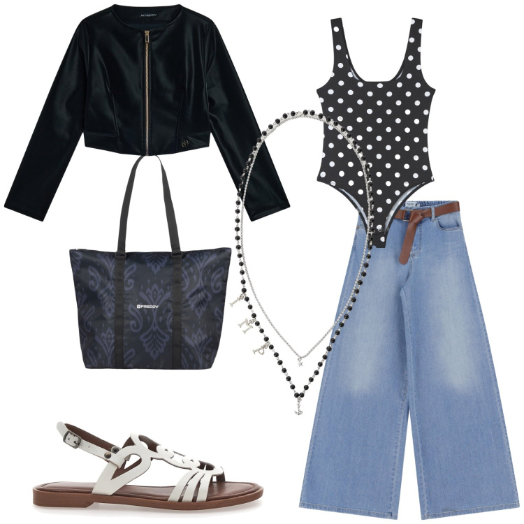 Outfit donna - Total look #2224254. Stile Casual chic per Tutti i giorni. Abbinamento con body, jeans, collane, blazer, shopping bag, sandali.