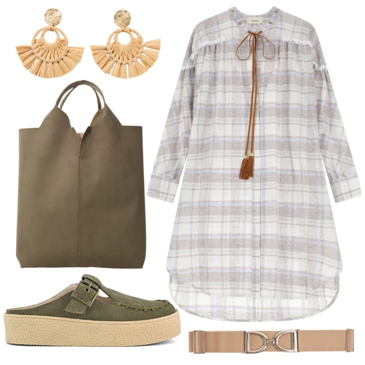 Outfit donna - Perfect. Stile Boho per Tutti i giorni. Abbinamento con orecchini, cinture, shopping bag, vestiti, sabot.