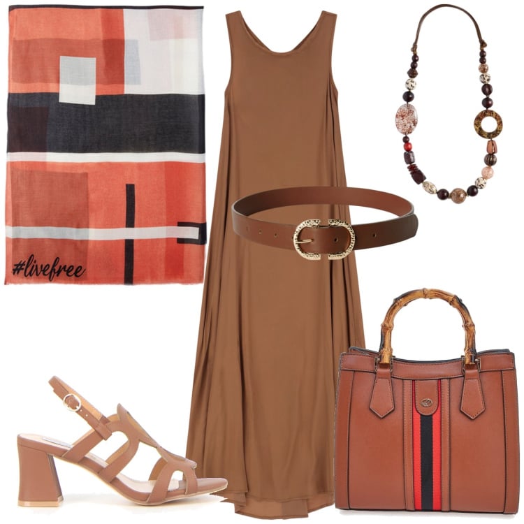 Outfit donna - Il maxi dress cioccolato. Stile Casual per Tutti i giorni. Abbinamento con cinture, vestiti lunghi, borse a tracolla, sandali col tacco, sciarpe, collane.
