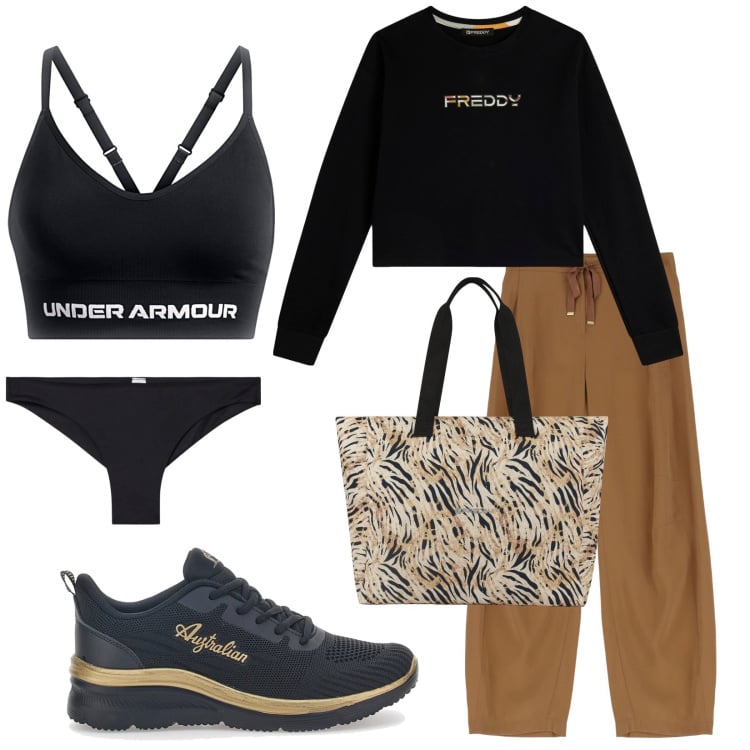 Outfit donna - Total look #2224265. Stile Sporty chic per Tutti i giorni. Abbinamento con culotte, pantaloni, shopping bag, felpe, sneakers, reggiseni.