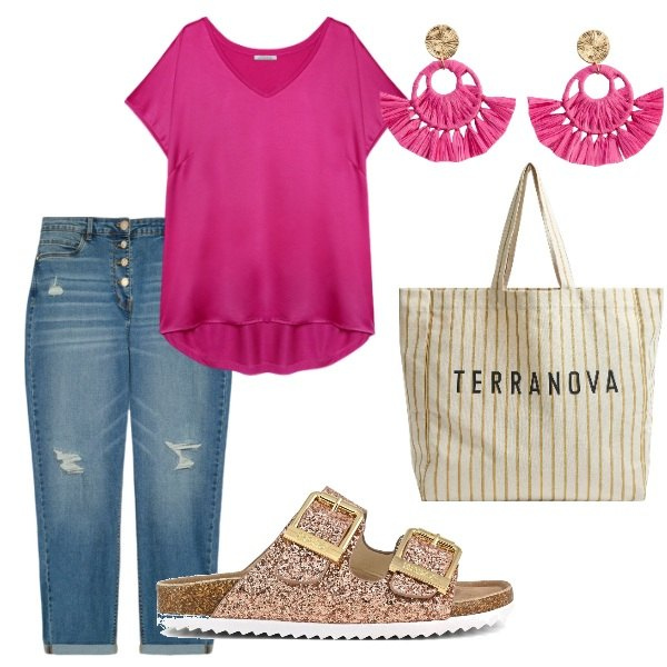 Outfit donna - Serata tra amici. Stile Casual per Tutti i giorni. Abbinamento con orecchini, borse tote, t-shirt, jeans strappati, sandali.