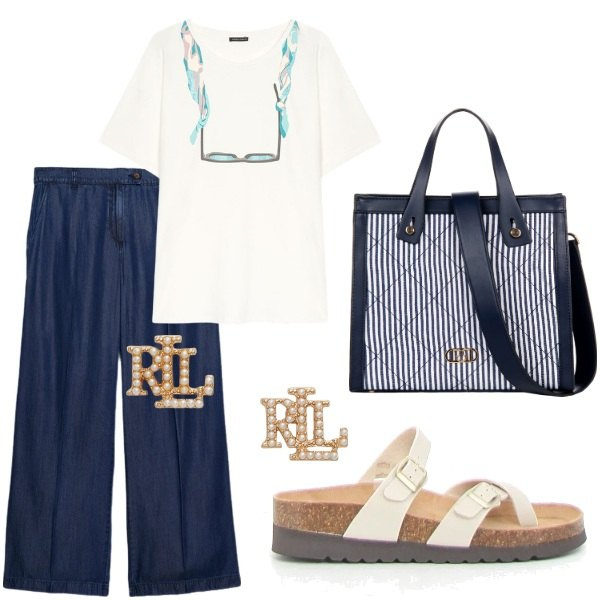 Outfit donna - Di sera ad Agosto. Stile Casual per Serata fuori. Abbinamento con shopping bag, orecchini, jeans, t-shirt, ciabatte.