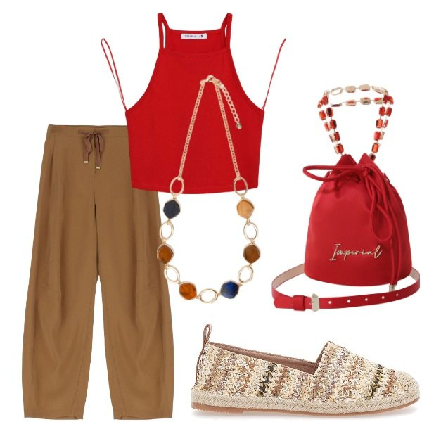Outfit donna - Serata tra amici. Stile Casual per Serata fuori. Abbinamento con top, borse a secchiello, pantaloni, espadrillas, collane.