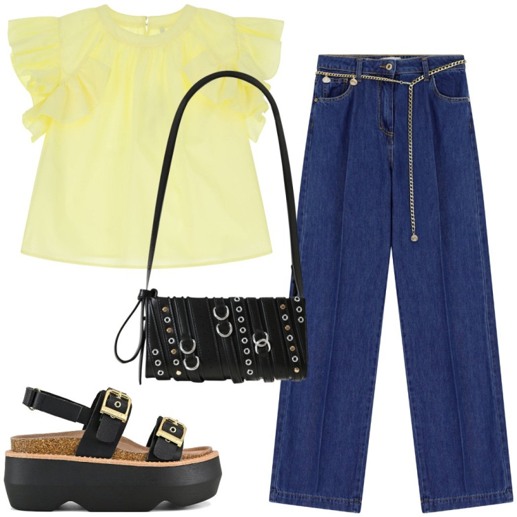 Outfit donna - La blusa romantica coi jeans. Stile Urban per Tutti i giorni. Abbinamento con borse a spalla, jeans, bluse, sandali col tacco.