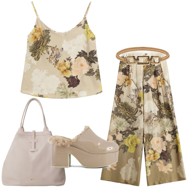 Outfit donna - Set due pezzi coordinati. Stile Casual chic per Serata fuori. Abbinamento con cinture, pantaloni a palazzo, top, borse tote, sabot.