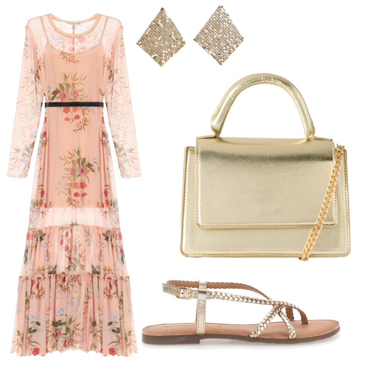 Outfit donna - Un tramonto indimenticabile. Stile Casual chic per Serata fuori. Abbinamento con borse a tracolla, orecchini, vestiti lunghi, sandali.