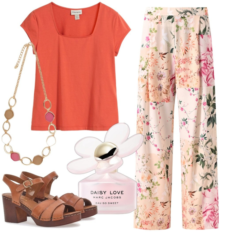 Outfit donna - Fiori chiari da giorno. Stile Casual chic per Tutti i giorni. Abbinamento con t-shirt, profumi, pantaloni, collane, sandali in pelle.