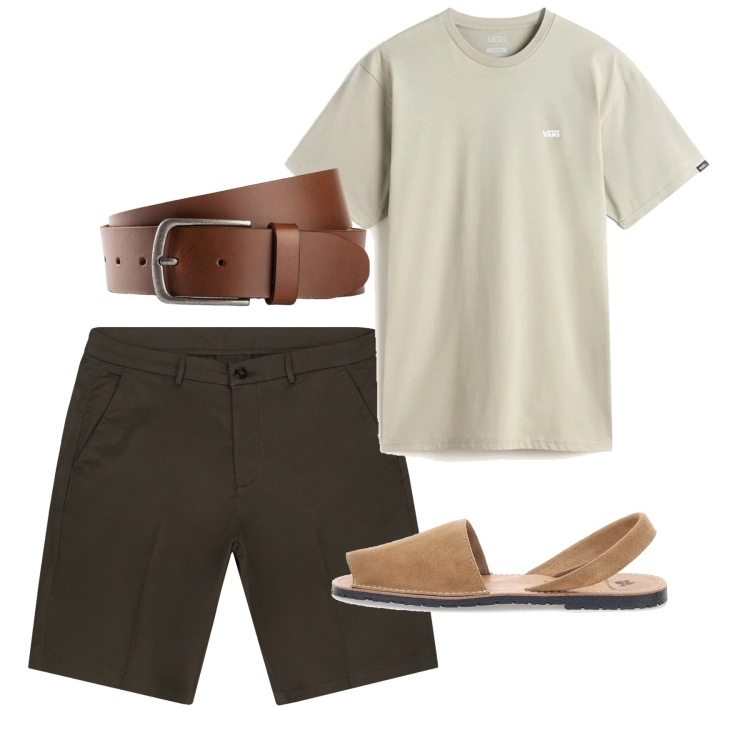 Outfit uomo - Casual curato agosto. Stile Casual per Tutti i giorni. Abbinamento con cinture, t-shirt, sandali, bermuda.