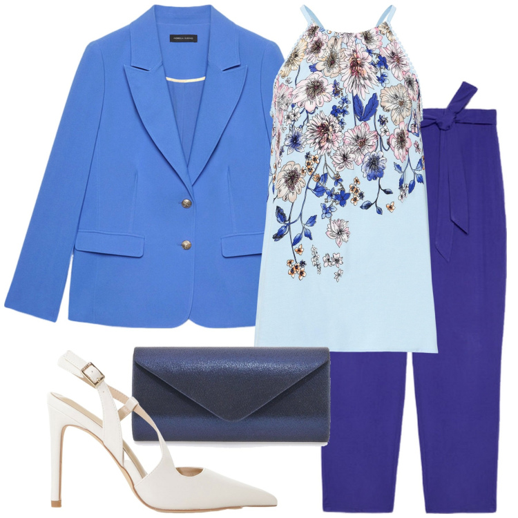 Outfit donna - Cerimonia in blu. Stile Glamour per Cerimonia. Abbinamento con top, décolleté, pantaloni, borse a tracolla, blazer.
