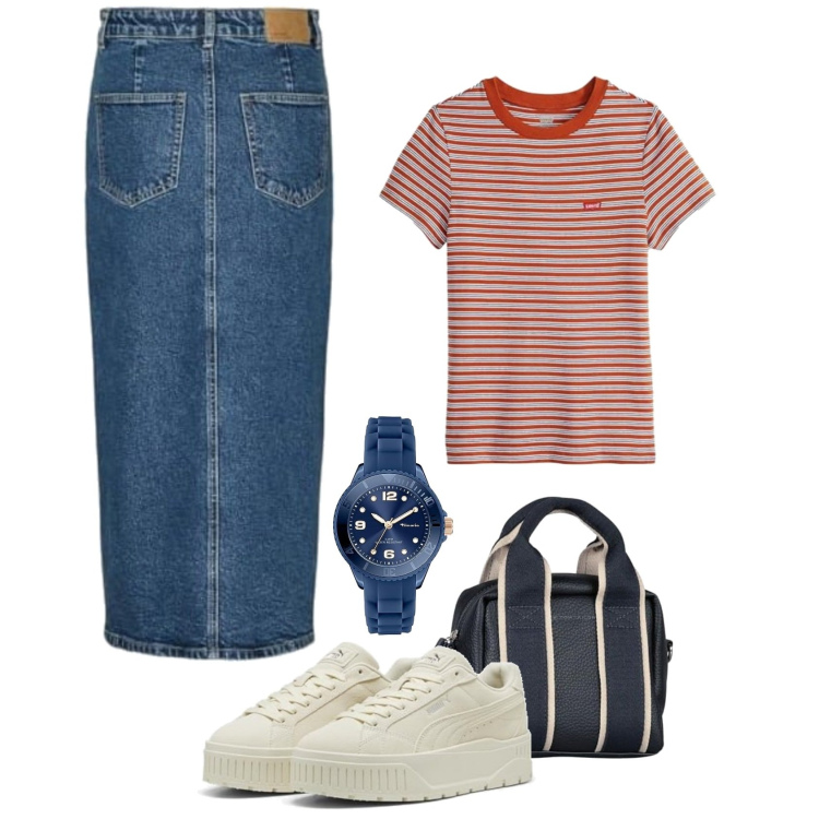 Outfit femme - Jupe longue jean. Style Basique pour Tous les jours. Assortir avec jupes au genou, t-shirts, sneakers, sacs en bandoulière, montres analogiques.