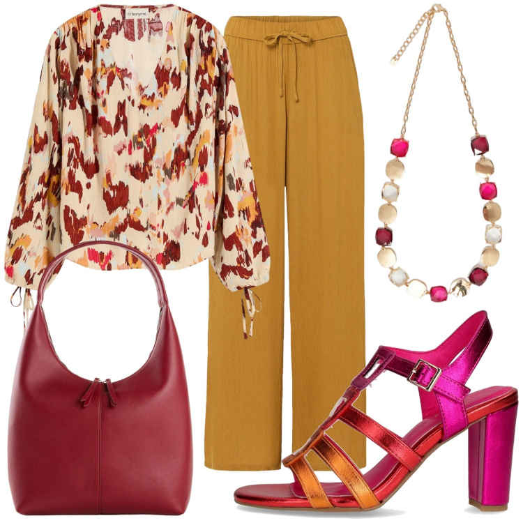 Outfit donna - Total look #2224305. per Serata fuori. Abbinamento con bluse, pantaloni a palazzo, shopping bag, collane, sandali col tacco.