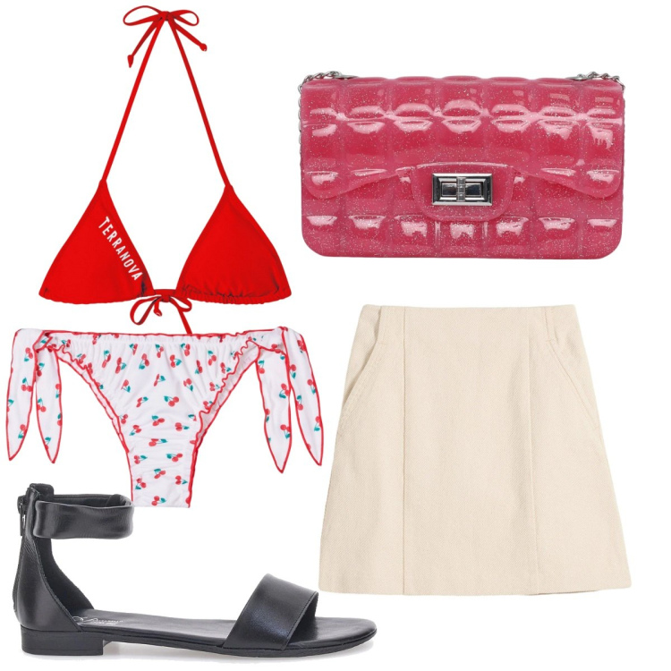 Outfit donna - Total look #2224307. Stile Trendy per Mare. Abbinamento con gonne, borse a tracolla, bikini, bikini, sandali.