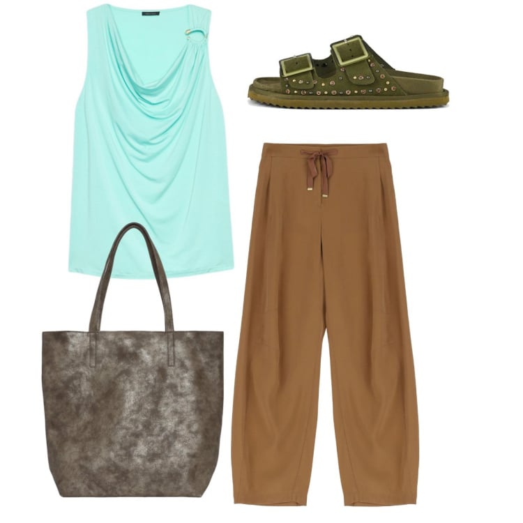 Outfit donna - Ampiezze e drappeggi. Stile Casual per Tutti i giorni. Abbinamento con borse tote, pantaloni, top, sandali.