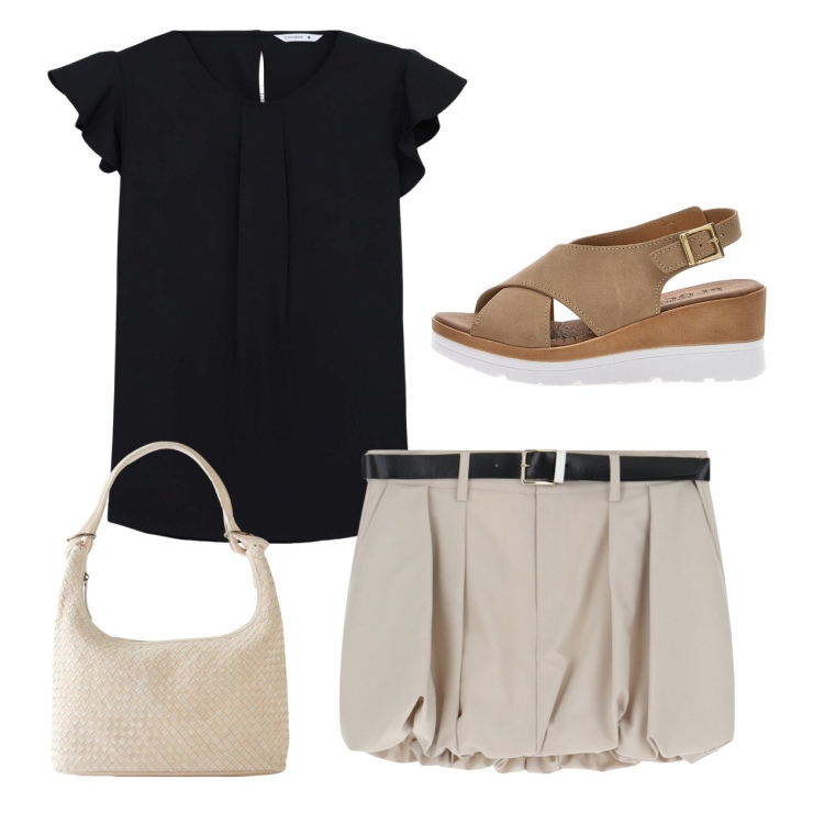 Outfit donna - Pomeriggio. Stile Bon Ton per Tutti i giorni. Abbinamento con shopping bag, bluse, minigonne, sandali.