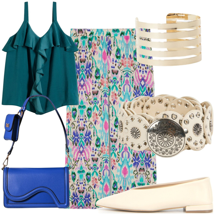 Outfit donna - Total look #2224317. Stile Chic Abbinamento con top, cinture, pochette, braccialetti, pantaloni a palazzo, ballerine.