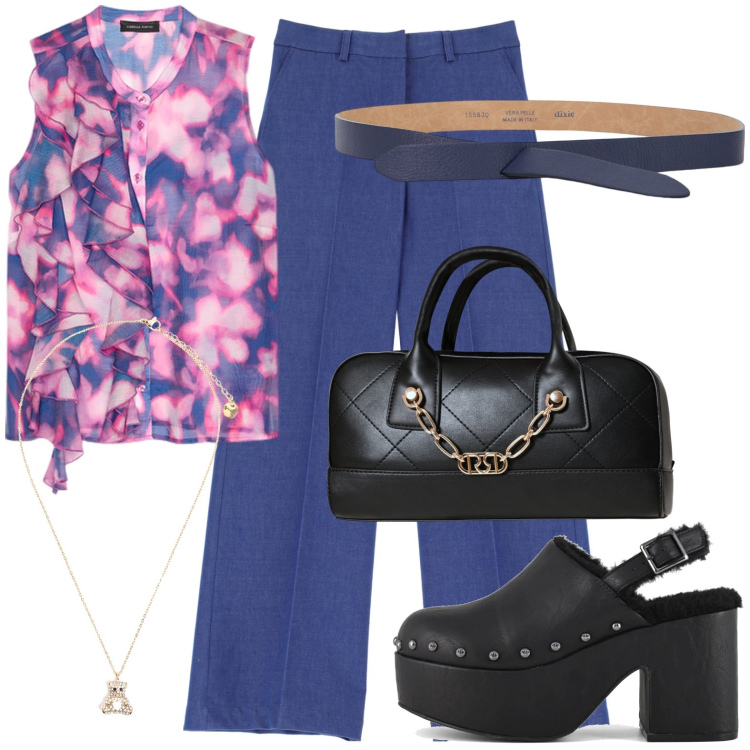 Outfit donna - Total look #2224320. Stile Chic Abbinamento con borse a mano, pantaloni a palazzo, ciondoli, cinture, top, sabot.
