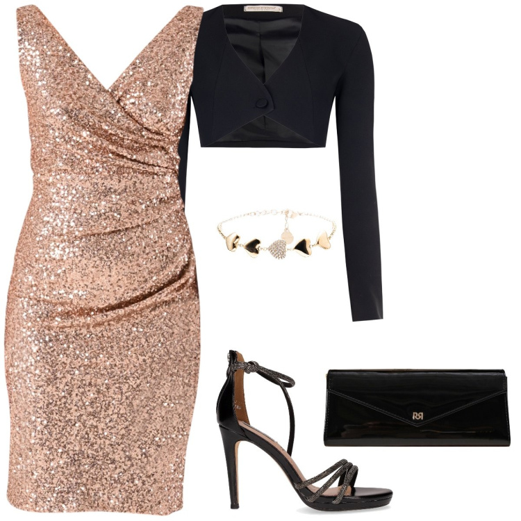 Outfit donna - Risplendi sempre. Stile Glamour per Serata fuori. Abbinamento con pochette, vestiti a tubino, bolero, braccialetti, sandali in pelle.