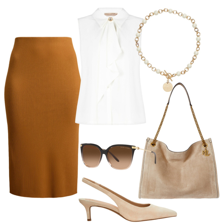 Outfit donna - Riunione in terrazza. Stile Chic per Ufficio. Abbinamento con top, gonne, occhiali da sole, collane, décolleté, borse tote.