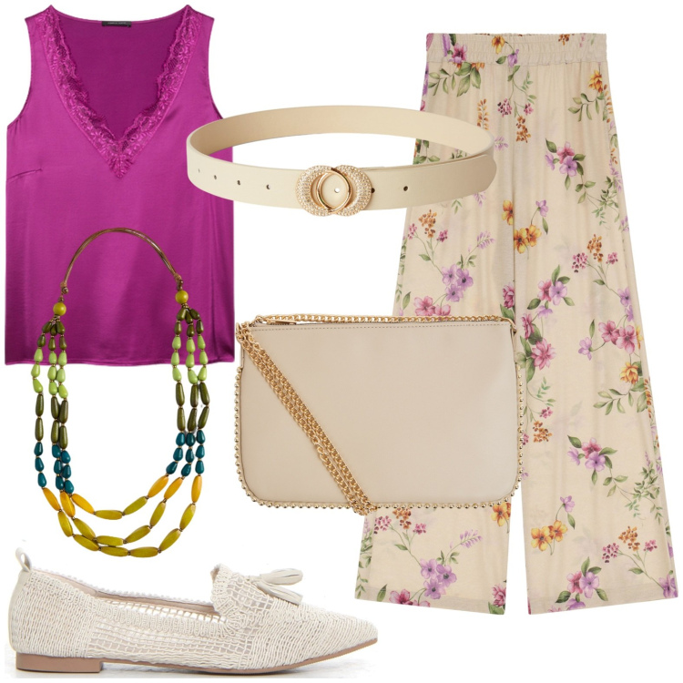 Outfit donna - Total look #2224329. Stile Glamour Abbinamento con borse a tracolla, cinture, pantaloni, top, collane, ballerine.