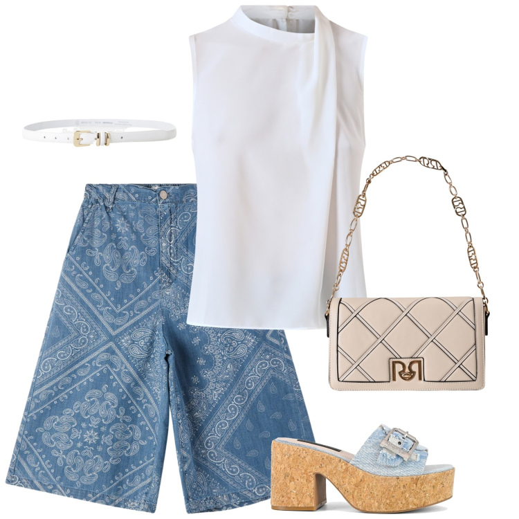 Outfit donna - Bellissima estate. Stile Trendy per Tutti i giorni. Abbinamento con bermuda, top, borse a tracolla, cinture, sandali.