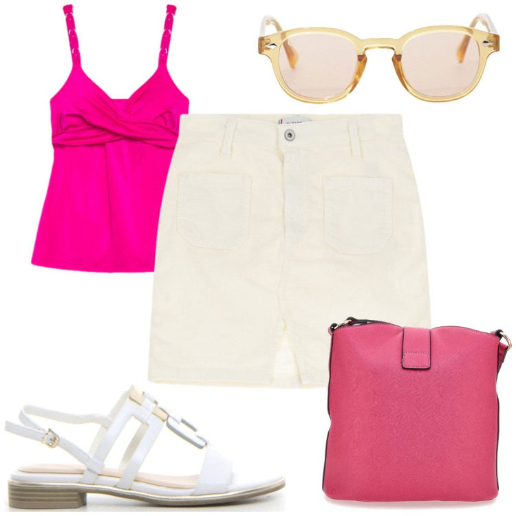 Outfit donna - Total look #2224333. Stile Trendy per Mare. Abbinamento con minigonne, occhiali da sole, costumi interi, borse a spalla, sandali.
