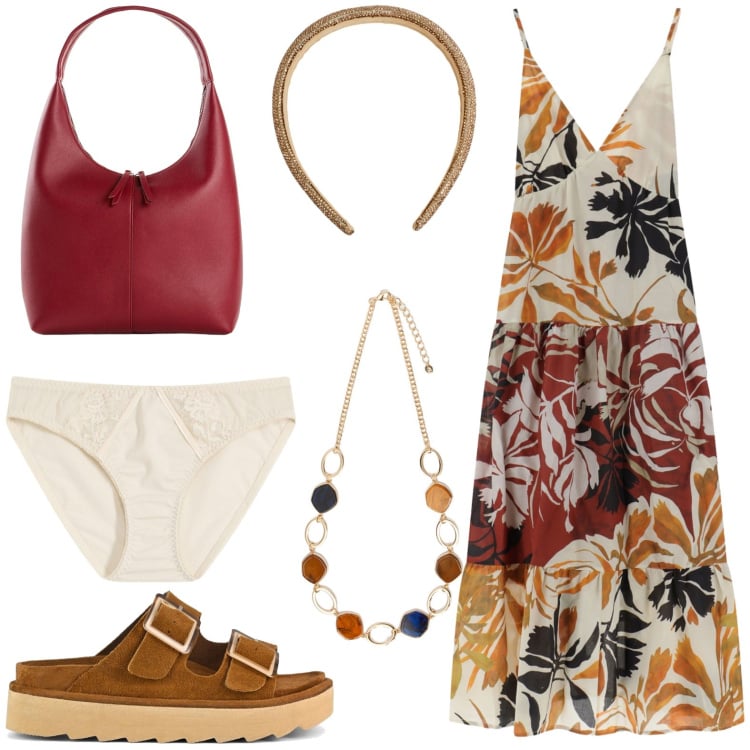 Outfit donna - Total look #2224341. Stile Glamour per Serata fuori. Abbinamento con culotte, shopping bag, cerchietti, vestiti lunghi, sandali in pelle, collane.