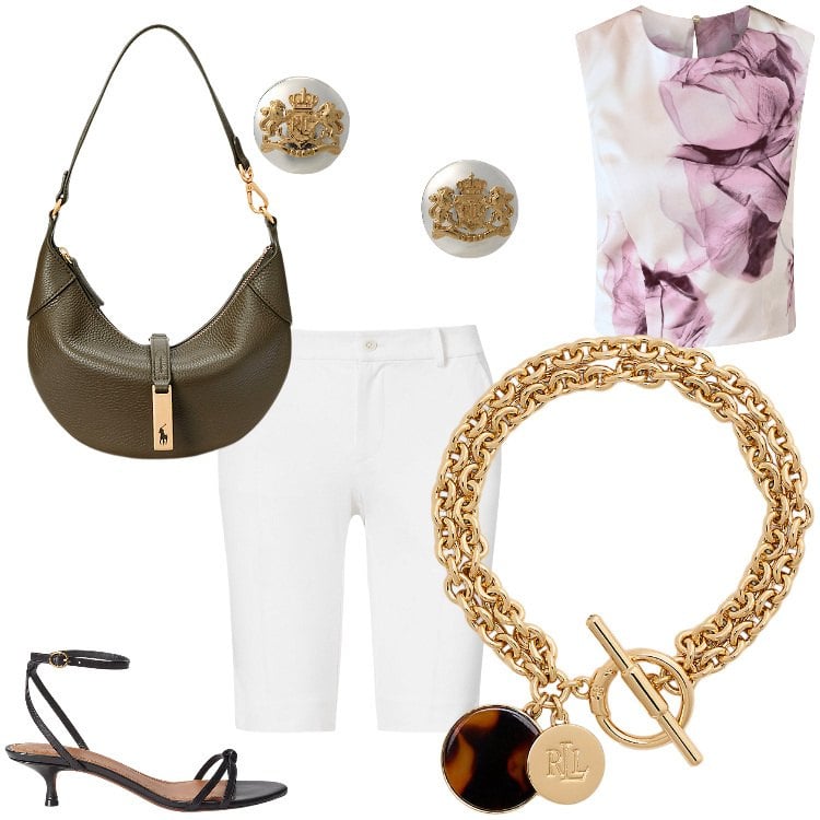 Outfit donna - Fresca elenzanza. Stile Casual chic Abbinamento con top, braccialetti con ciondoli, sandali in pelle, borse a spalla, orecchini, pantaloni corti.