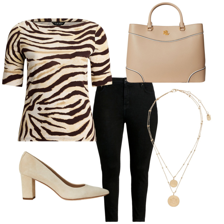 Outfit donna - Un tocco animalier. Stile Casual chic per Tutti i giorni. Abbinamento con décolleté, ciondoli, jeans skinny, borse a mano, t-shirt.