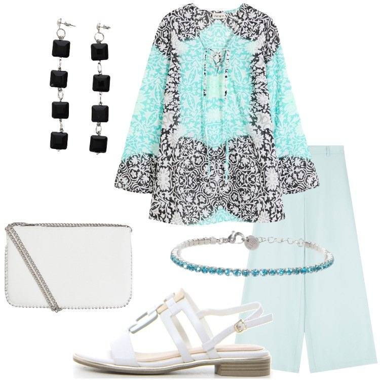 Outfit donna - Caftano elegante per le sere d\'agosto. Stile Chic per Serata fuori. Abbinamento con vestiti da spiaggia, borse a tracolla, pantaloni, braccialetti, orecchini, sandali.