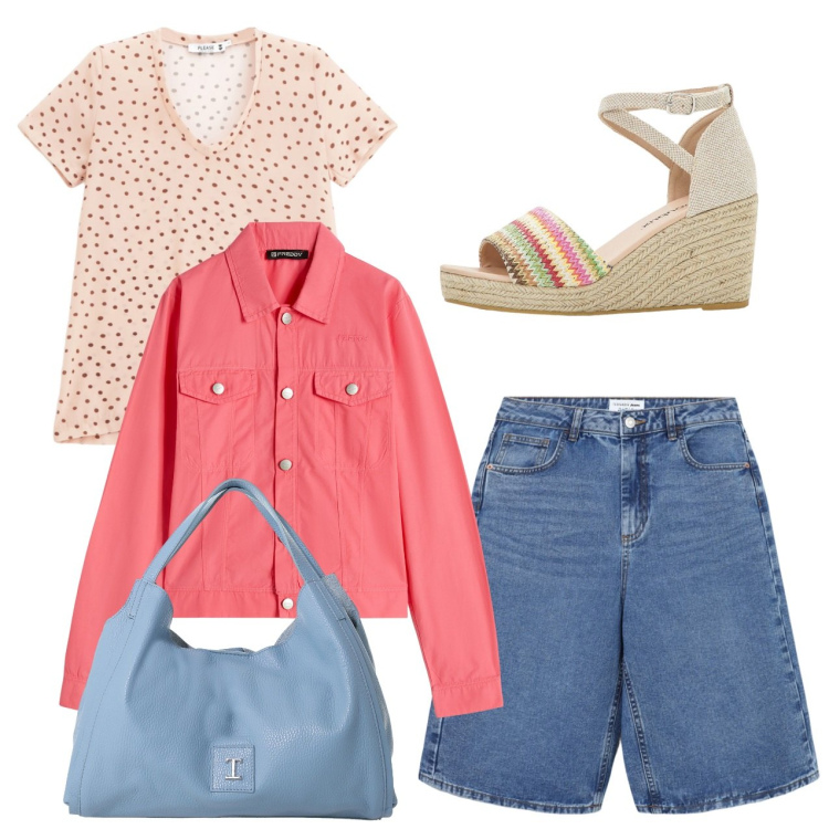 Outfit donna - Pomeriggio. Stile Bon Ton per Tutti i giorni. Abbinamento con sandali, bermuda, t-shirt, pochette, blazer.