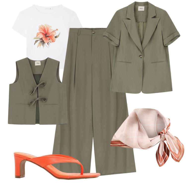 Outfit donna - Aperitivo verde salvia. Stile Trendy per Tutti i giorni. Abbinamento con infradito, t-shirt, foulard, pantaloni, blazer, gilet.