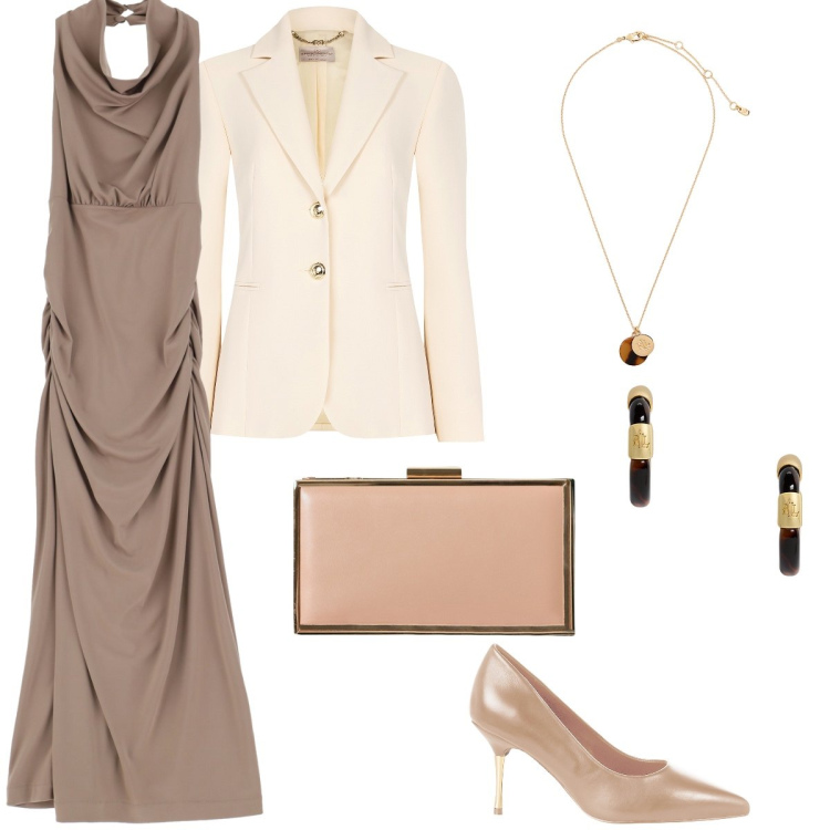 Outfit donna - Cerimonia … nei toni autunnali. Stile Glamour per Cerimonia. Abbinamento con décolleté, pochette, blazer, vestiti lunghi, orecchini, collane.