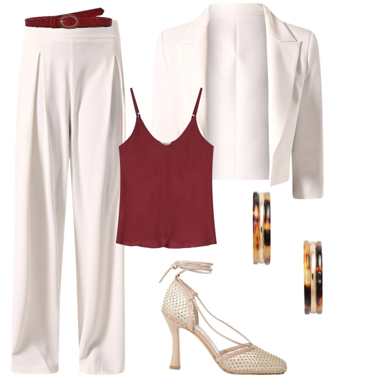 Outfit donna - Ufficio in agosto. Stile Casual chic per Ufficio. Abbinamento con cinture, blazer, pantaloni a palazzo, décolleté, top, orecchini.