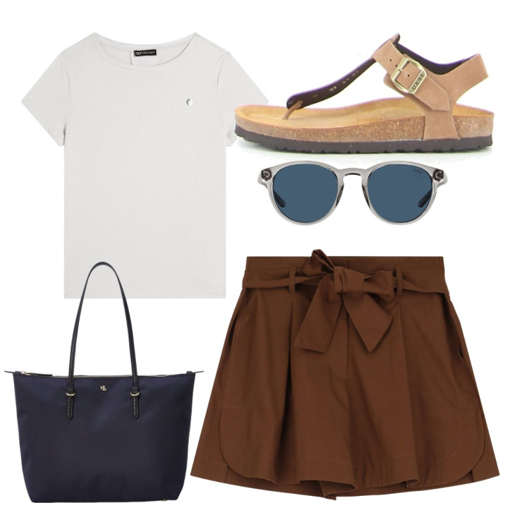 Outfit donna - Pomeriggio. Stile Bon Ton per Tutti i giorni. Abbinamento con shorts, t-shirt, occhiali da sole, borse tote, ciabatte.