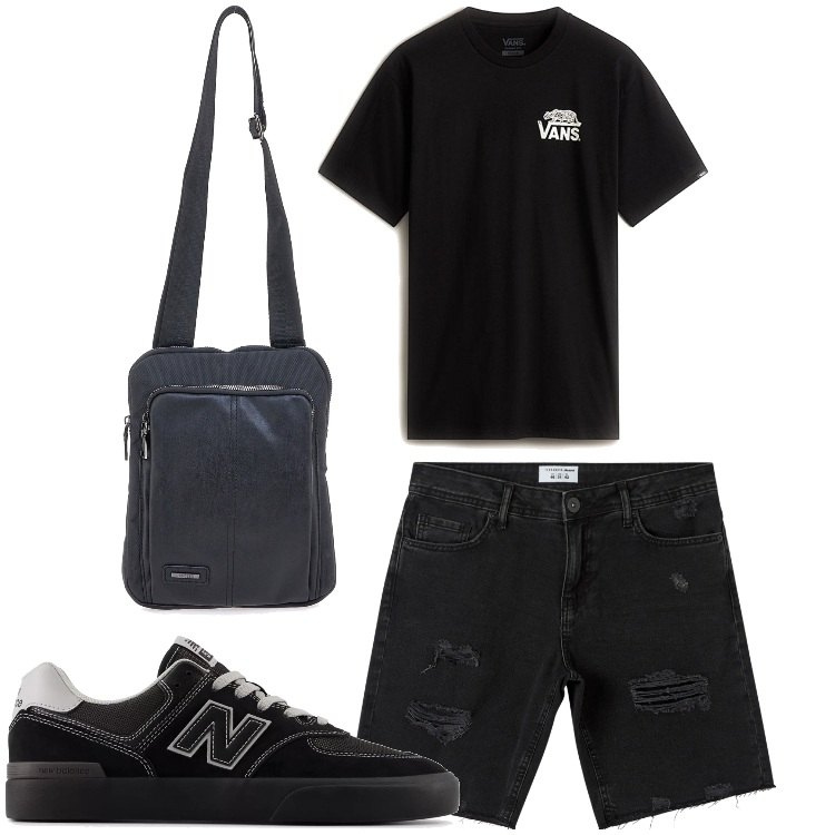 Outfit uomo - Nero totale. Stile Casual per Tutti i giorni. Abbinamento con shorts, sneakers, portafogli, t-shirt.