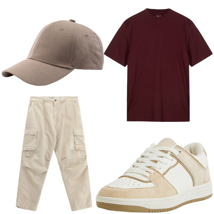 Outfit uomo - Una t- shirt e via. Stile Casual per Tutti i giorni. Abbinamento con sneakers, pantaloni cargo, t-shirt, cappelli con visiera.