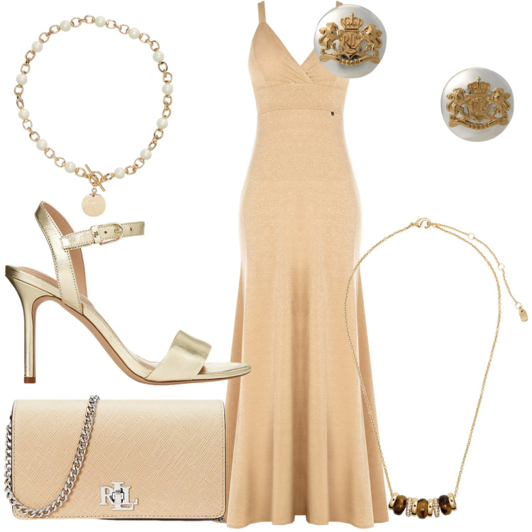 Outfit donna - LR. Stile Glamour per Serata fuori. Abbinamento con vestiti lunghi, collane, collane, sandali in pelle, orecchini, borse a tracolla.