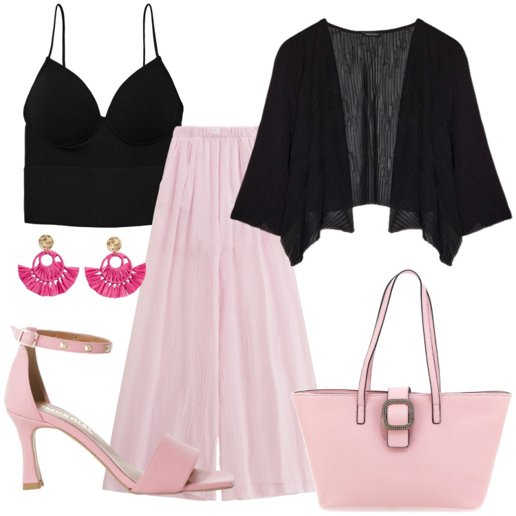 Outfit donna - Pink and black. Stile Casual chic per Serata fuori. Abbinamento con orecchini, top, sandali col tacco, pantaloni, bolero, borse a spalla.