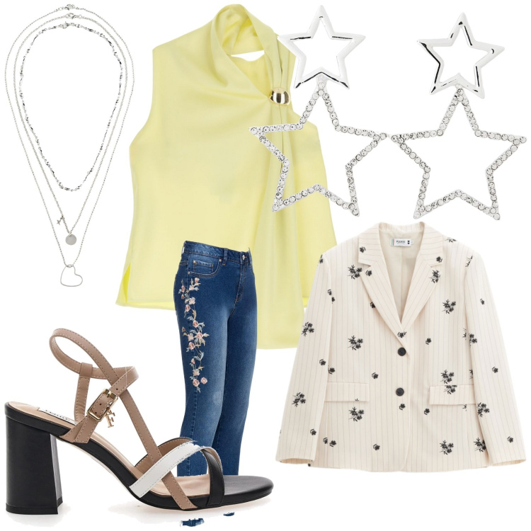 Outfit donna - Accessori. Stile Casual chic per Tutti i giorni. Abbinamento con jeans, collane, orecchini, blazer, top, sandali col tacco.