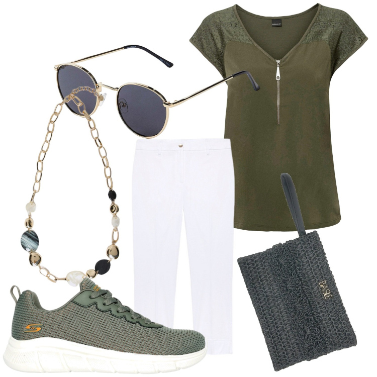 Outfit donna - Verde oliva. Stile Casual chic per Tutti i giorni. Abbinamento con t-shirt, occhiali da sole, sneakers, pantaloni chino, collane, pochette.