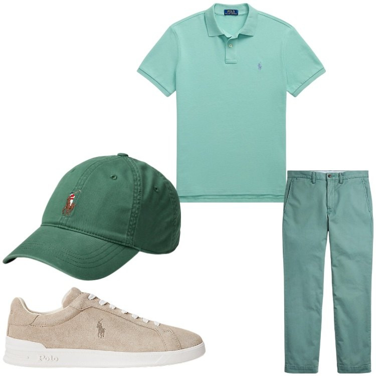 Outfit uomo - In verde. Stile Casual per Tutti i giorni. Abbinamento con pantaloni, polo, cappelli, sneakers.