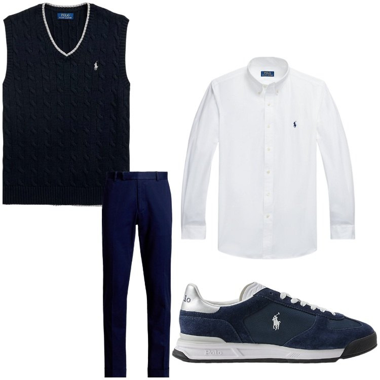 Outfit uomo - Classico. Stile Business/Elegante per Serata speciale. Abbinamento con camicie, pantaloni chino, sneakers, maglieria.