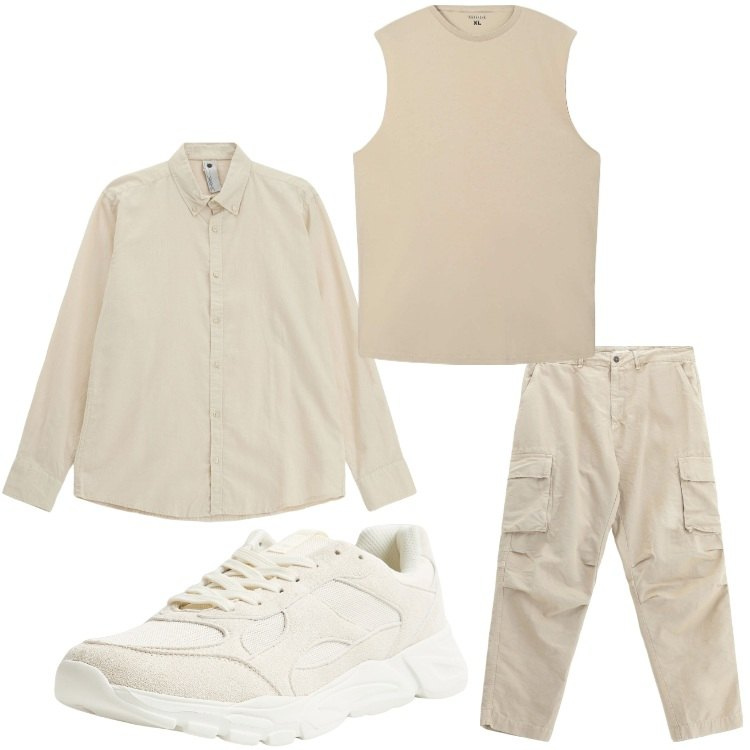 Outfit uomo - Tutto beige. Stile Casual per Tutti i giorni. Abbinamento con canottiere, sneakers, pantaloni cargo, camicie.