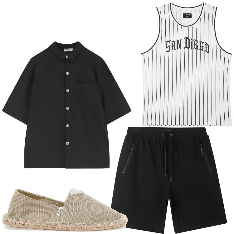 Outfit uomo - Modalita´ righe. Stile Casual per Tutti i giorni. Abbinamento con canottiere, bermuda, camicie a manica corta, espadrillas.