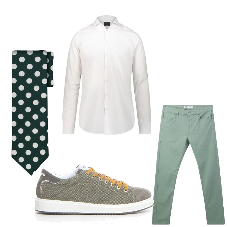 Outfit uomo - Una cravatta a pois. Stile Business/Elegante per Ufficio. Abbinamento con pantaloni skinny, camicie, cravatte, sneakers.