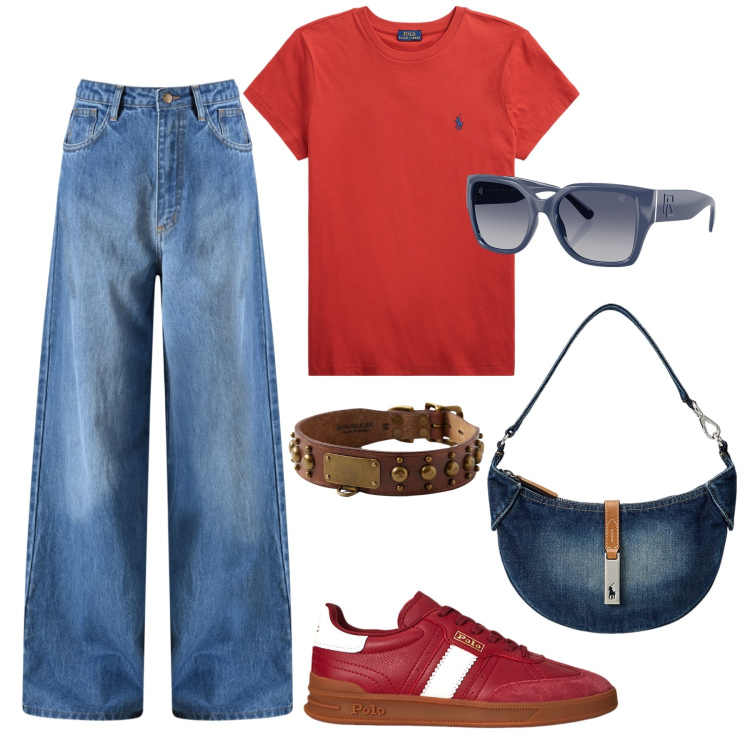 Outfit donna - Sessione universitaria. Stile Casual per Scuola/Università. Abbinamento con jeans, sneakers, t-shirt, borse a spalla, occhiali da sole, anelli.
