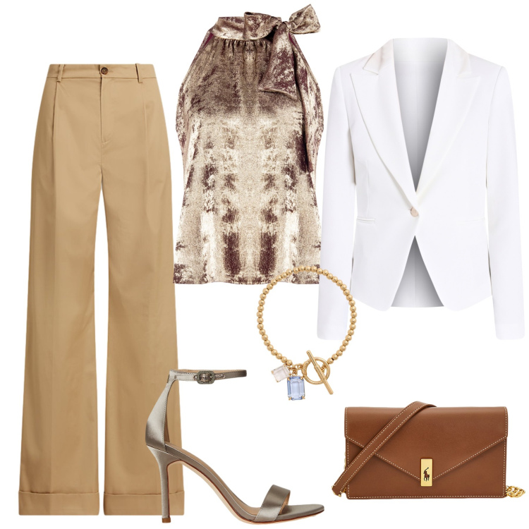 Outfit donna - L\'eleganza del blazer. Stile Glamour per Serata fuori. Abbinamento con top, blazer, pantaloni, clutch, sandali col tacco, braccialetti.